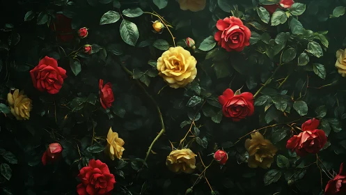 Red and Yellow Roses Against Dark Foliage Garden.