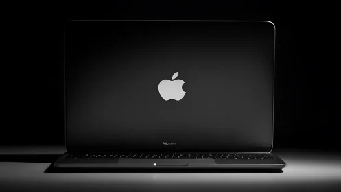 Midnight laptop glow crowns a lone luminous apple icon.