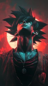 Saiyan warrior ascends beneath a blazing crimson moon