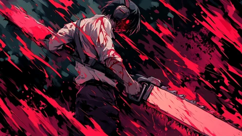 Chainsaw-wielding antihero stands in a storm of crimson fury.