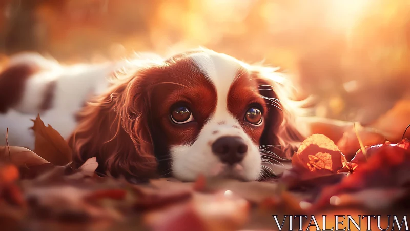 Gentle spaniel rests in glowing autumn afternoon light