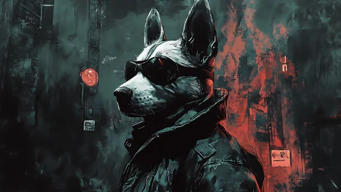Cyber-noir canine operative rendered in dramatic red light