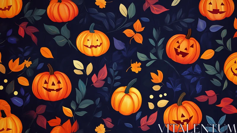 Jack o lantern pumpkin pattern with vibrant autumn foliage.