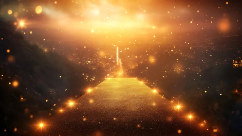 Golden illuminated path overlooks distant city at dusk