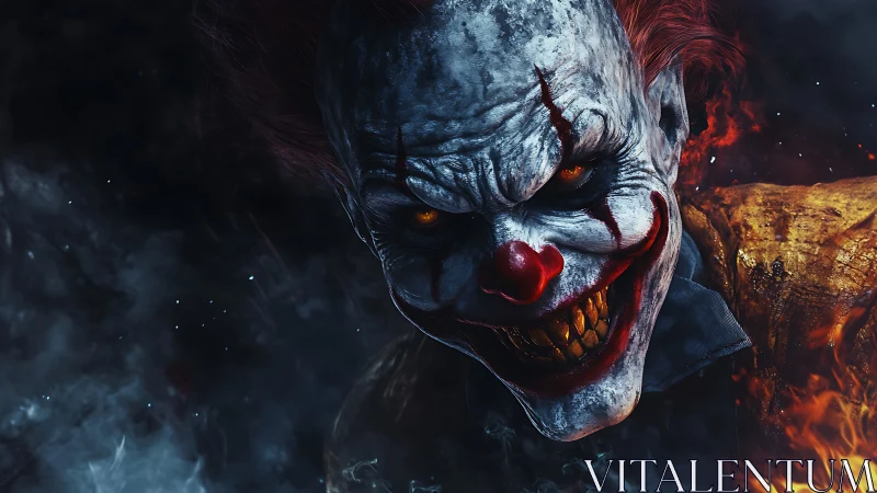 Sinister carnival grin slices through the smoke and embers