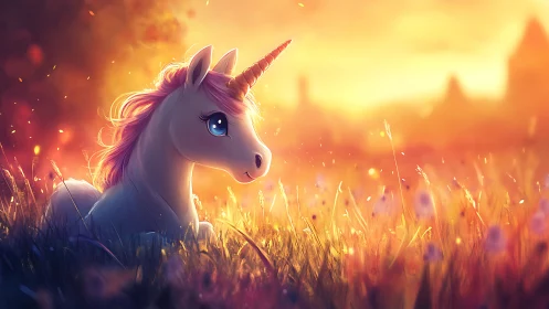 Cute unicorn resting in glowing sunset meadow scene.