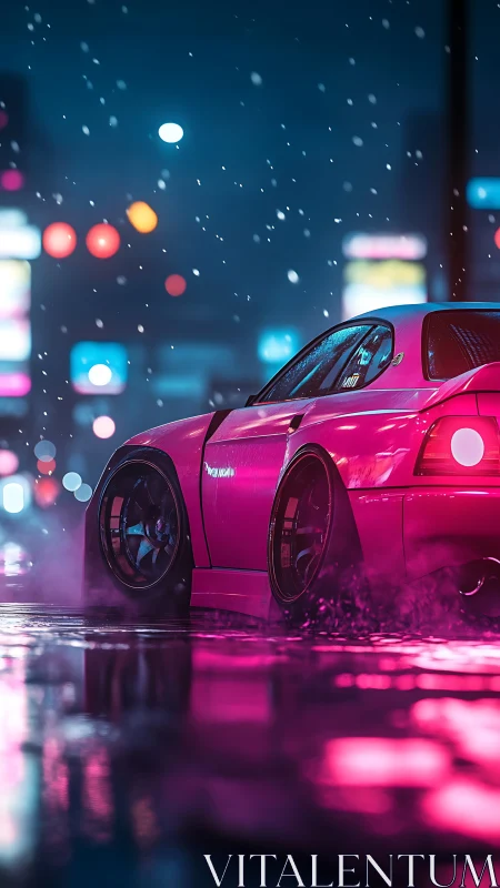 Neon pink tuner car idles in rainy cyberpunk city street