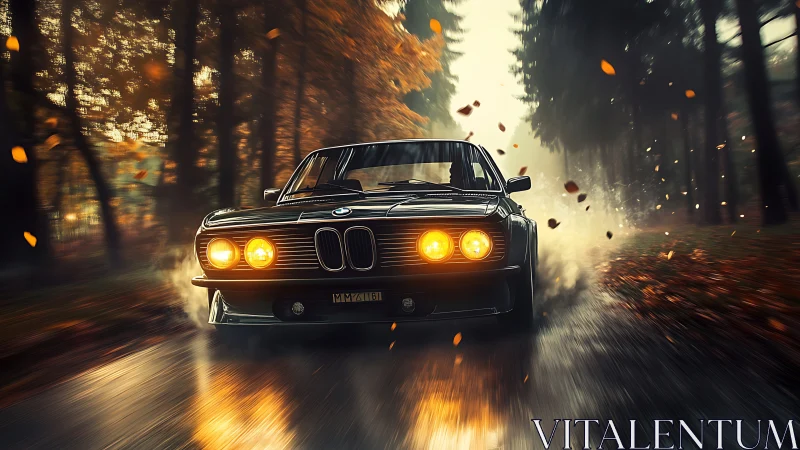 Classic BMW speeding through wet autumn forest road.