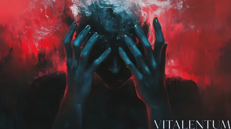 Psychological overload figure in red and cyan chiaroscuro digital