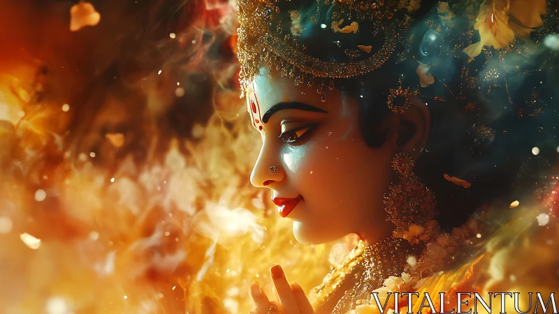 Radiant goddess statue glows gently in swirling golden light