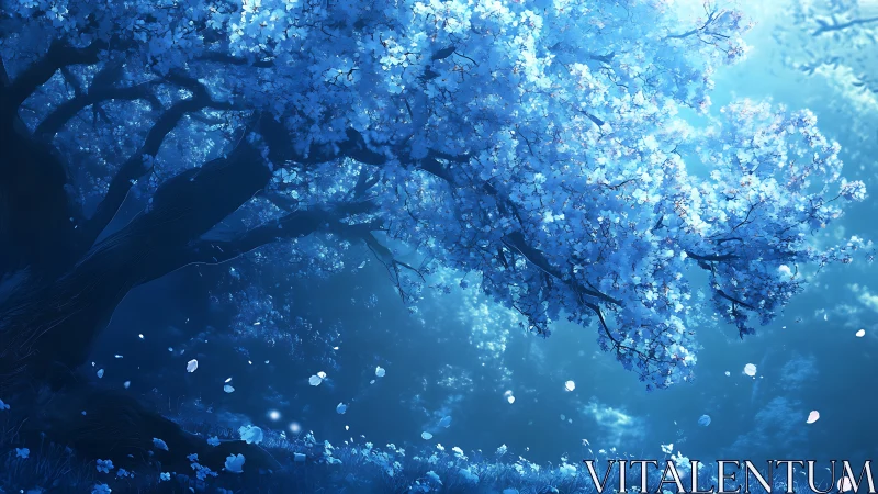 Luminous blue blossom canopy with volumetric light and drifting petals
