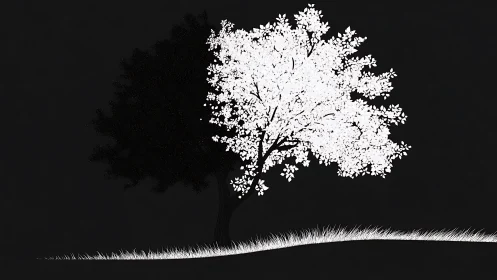White blossom tree illuminates shadowed twin on dark hill