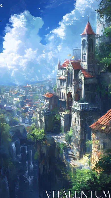 Sunlit cliffside city welcoming you above drifting clouds.