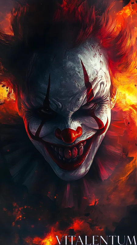 Sinister flaming clown portrait emerges from inferno.