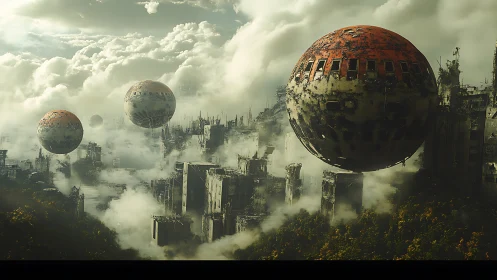 Spherical drones drift above ruined fogbound megacity.