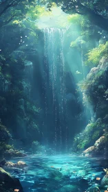 Vertical forest waterfall descends into a clear turquoise pool