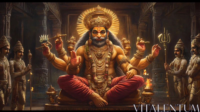 Divine warrior deity enthroned in blazing temple hall.