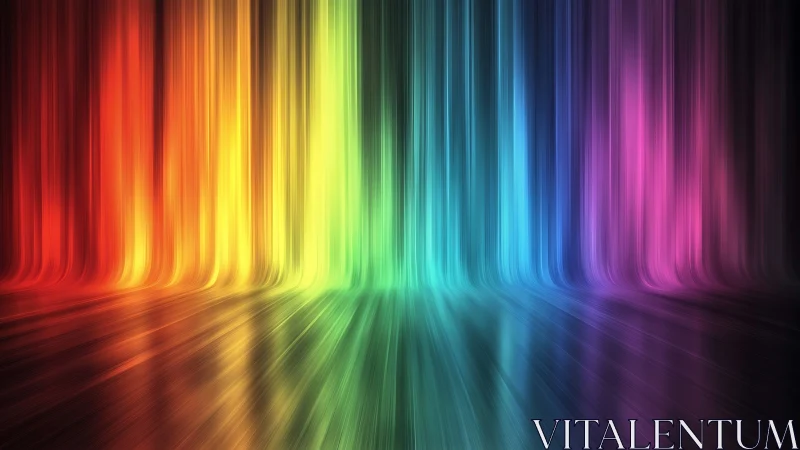 Chromatic light curtains cascading over reflective floor.