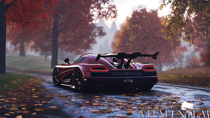Crimson supercar savors a quiet autumn drive through wet woods