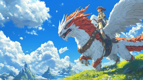 Human rider surveys a mountainous landscape on winged beast