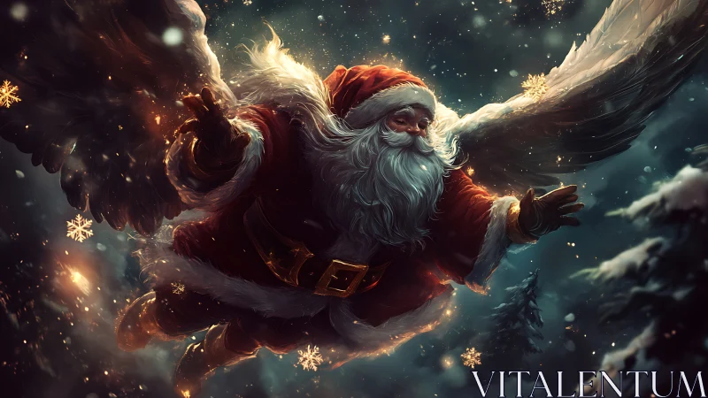 Winged Santa glides through luminous snowstorm night sky.