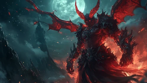 Armored demonic overlord under full moon in flames.