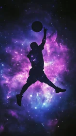 Silhouette of cosmic basketball player leaping through nebulae.