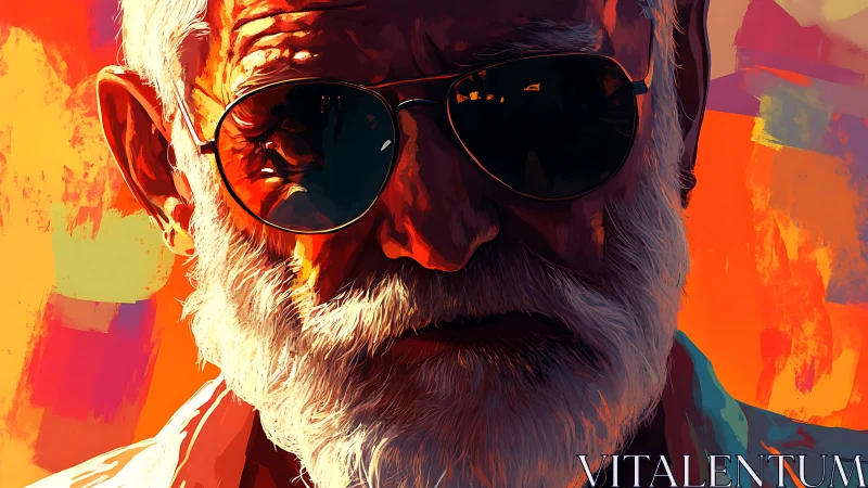 Older man in sunglasses against bold abstract colors.
