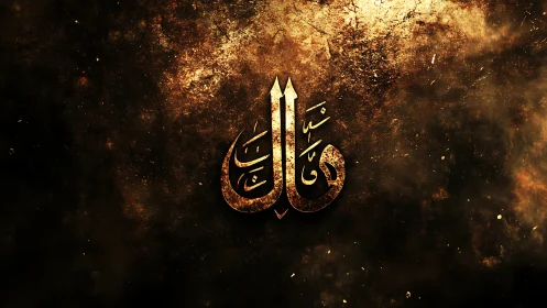 Golden Arabic calligraphy emblem on textured dark nebula field