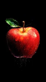 Luminous wet red apple suspended on deep black backdrop.