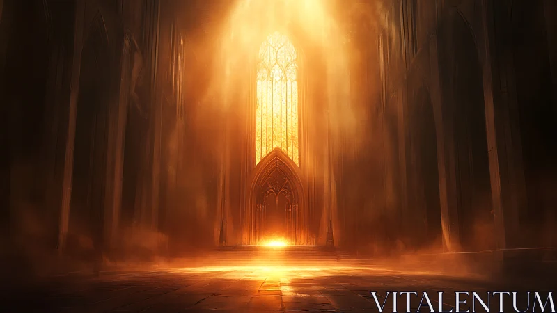 Cathedral nave glows under intense golden celestial light