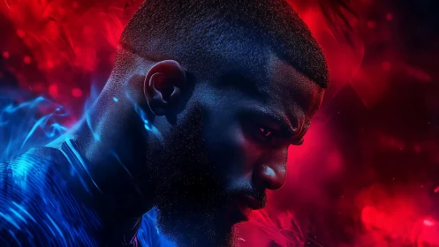 Intense male profile in neon red and blue vapor light.
