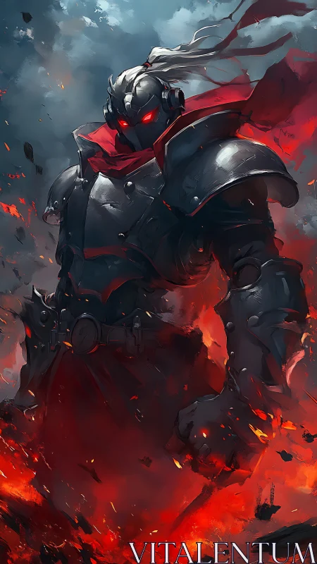 Armored dark knight rises through fire with burning gaze.