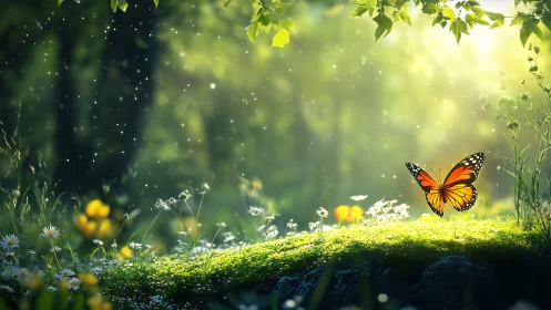 Monarch Butterfly in Sunlit Forest Glade, Dreamy Nature Scene.