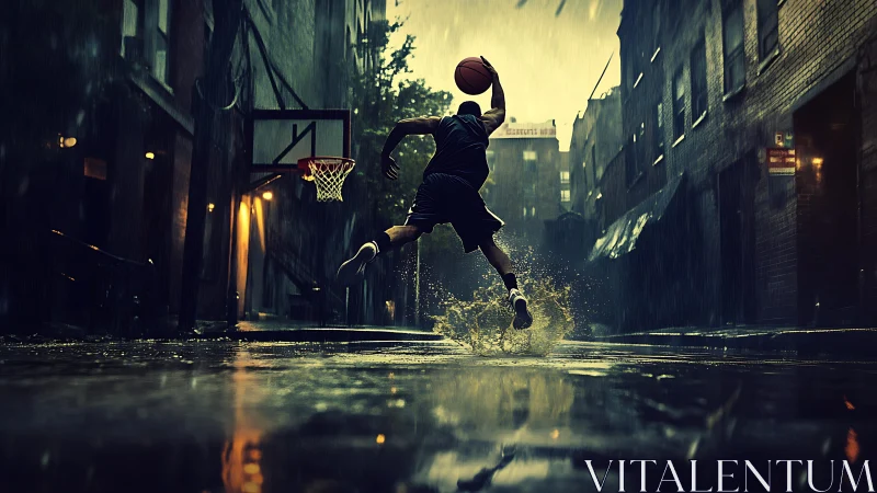 Backlit street basketball leap freezes motion in storm rain