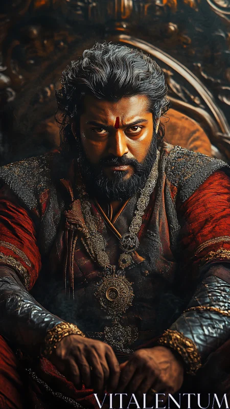 Regal warrior lord in ornate red armor on carved throne