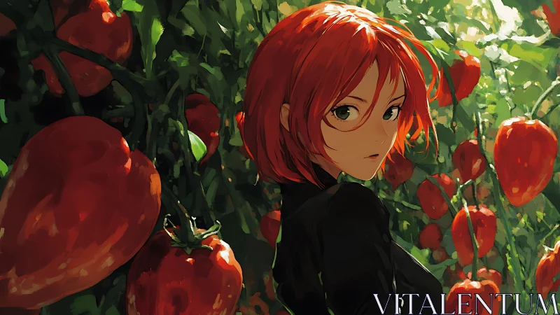 Red haired watcher wandering a secret tomato jungle.