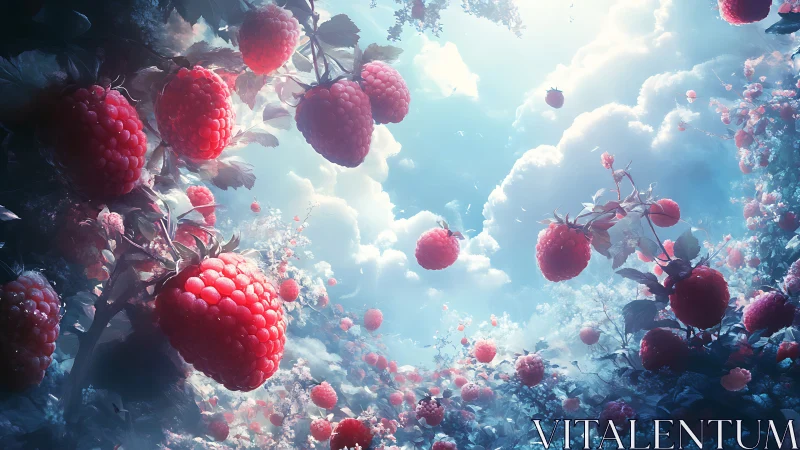 Ripe raspberries suspended in a luminous dreamlike sky.