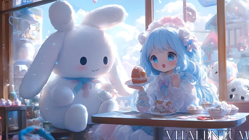 Pastel café tableau with chibi girl and macro plush rabbit.
