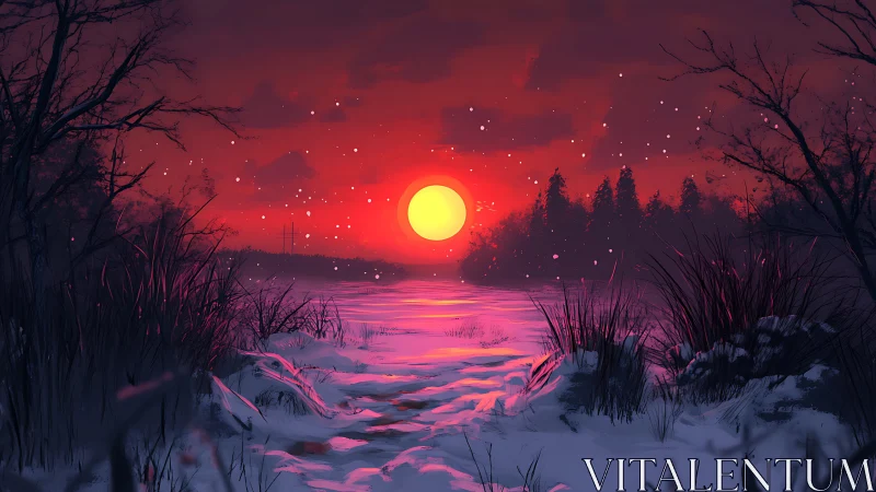 Digital sunset marshland with snow-laden leading path composition.