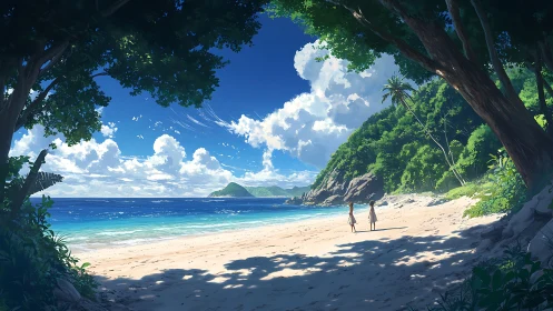 Tropical Beach Paradise Framed by Ancient Trees and Mountains