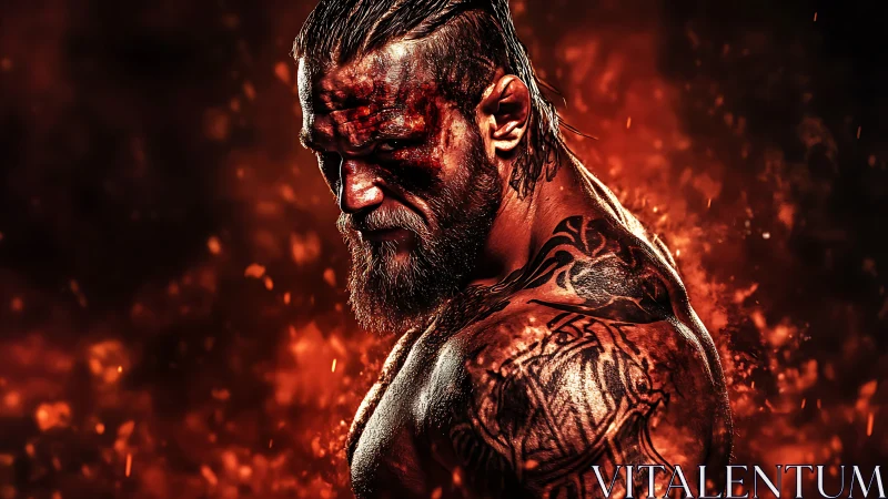 Burning warrior forged in embers and scarlet fury.