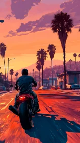 Motorcyclist rides under vivid sunset over palm-lined boulevard