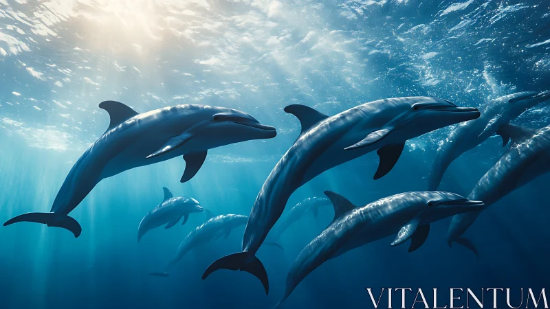 Multiple dolphins move through sunlit underwater environment