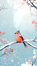 Cardinal in Winter: Digital Illustration of Songbird Among Frosted Branches
