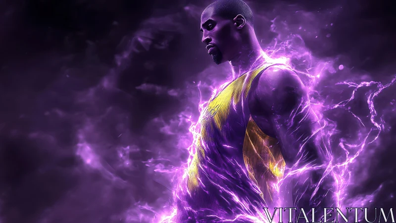 Basketball player in yellow jersey amid purple energy field.