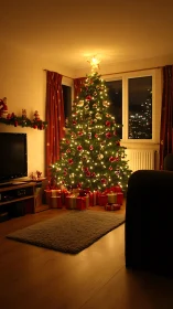 Illuminated living‑room Christmas tree with wrapped gifts arrayed.