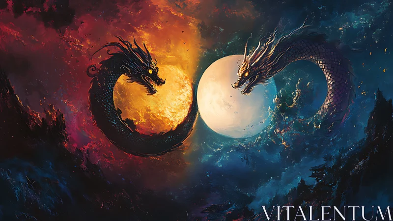 Twin elemental dragons circling blazing sun and pale moon.