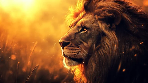 Side profile of lion in backlit golden lighting conditions