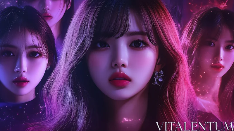 Luminescent girl group portrait in ethereal neon glow.